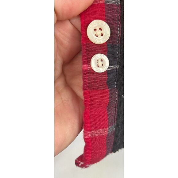 Stussy Mens Red Plaid Flannel Shirt Shacket Size Medium Button Fleece Lined - Picture 7 of 14